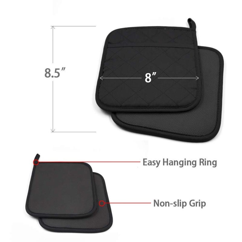 YEKOO Cotton and Neoprene Oven Pads Pot Holder with Pocket 8"x8.5" Dual-Function Hot Pad Set for Finger Hand Wrist Protection Heat Resistant to 428Â°F Black - Image 2